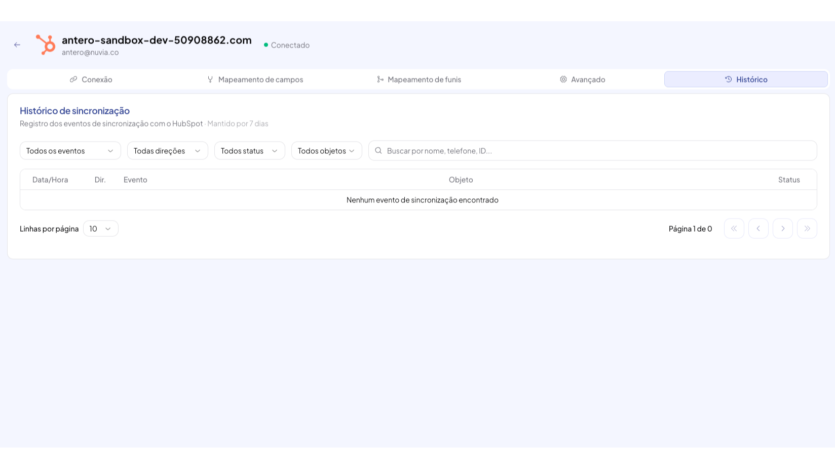 Atividade de sincronização do HubSpot exibindo integração CRM em andamento na Nuvia