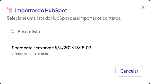Modal da Nuvia para importar contatos selecionando uma lista do HubSpot