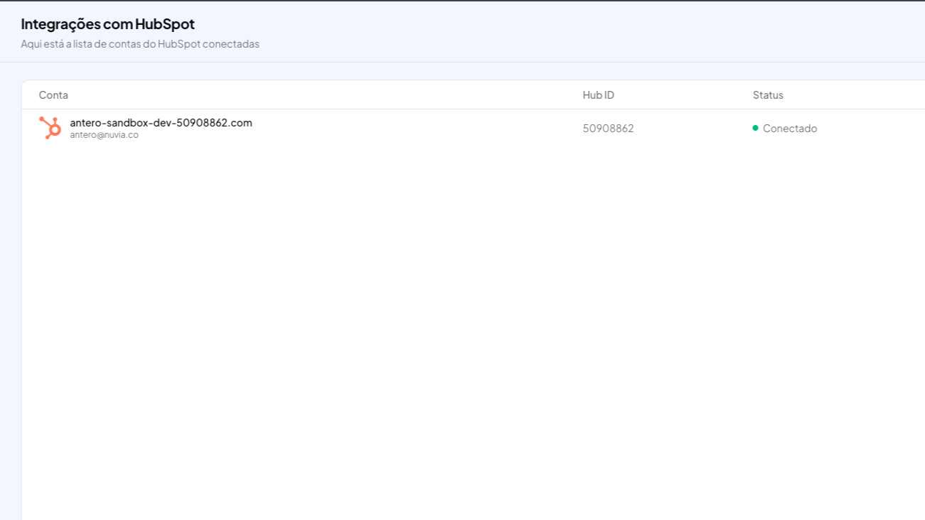 Página de Integrações da Nuvia listando contas HubSpot conectadas e ação de conexão