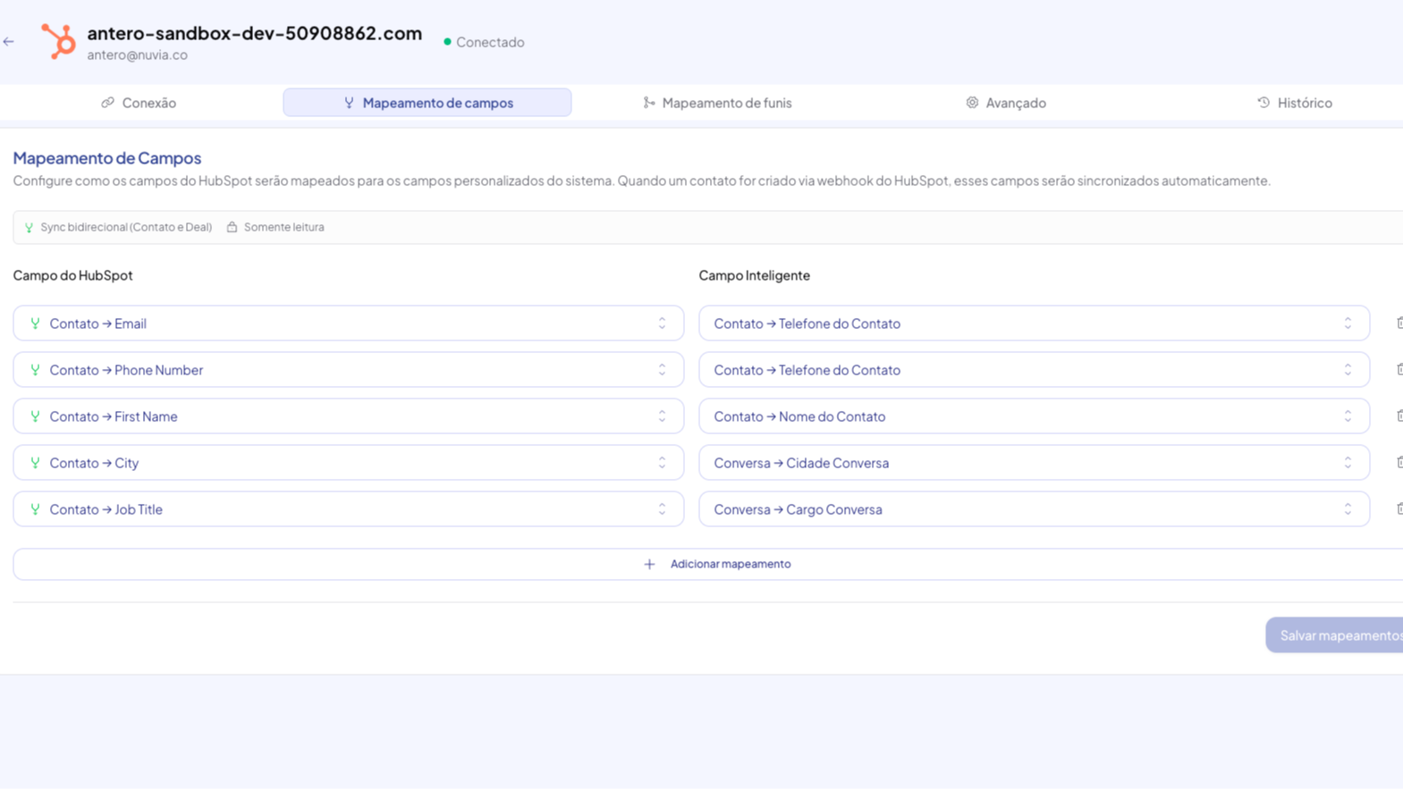 Perfil de contato na Nuvia exibindo identificadores do HubSpot vinculados