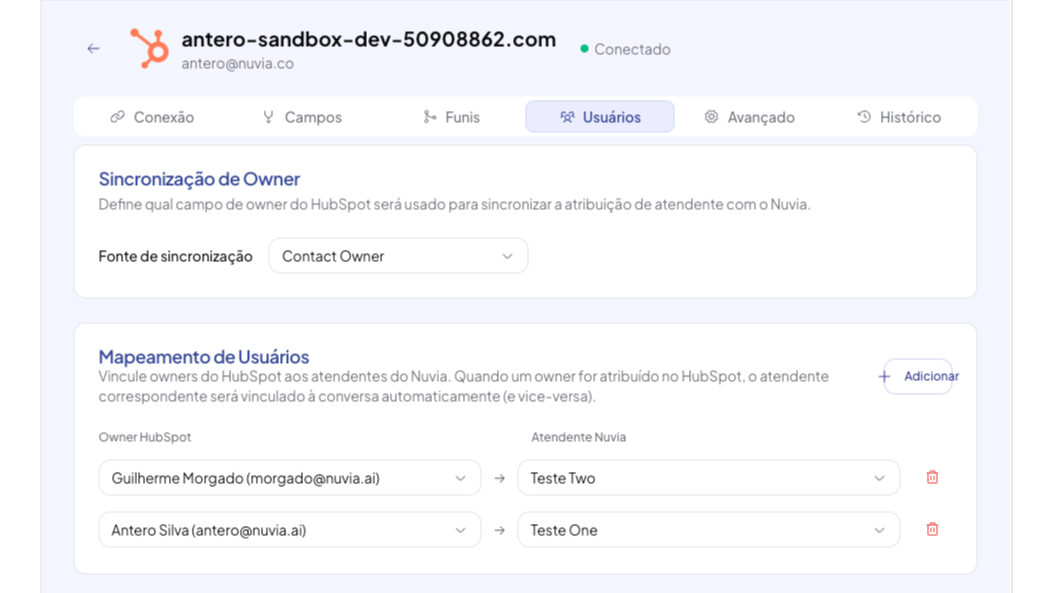 Aba de Usuários da integração HubSpot na Nuvia exibindo mapeamento de owners do HubSpot para atendentes da Nuvia
